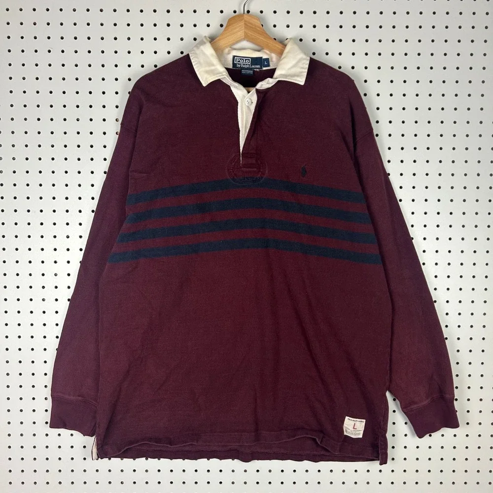 Polo Ralph Lauren Large Rugby Shirt Maroon Navy Blue Striped Long Sleeve Cotton